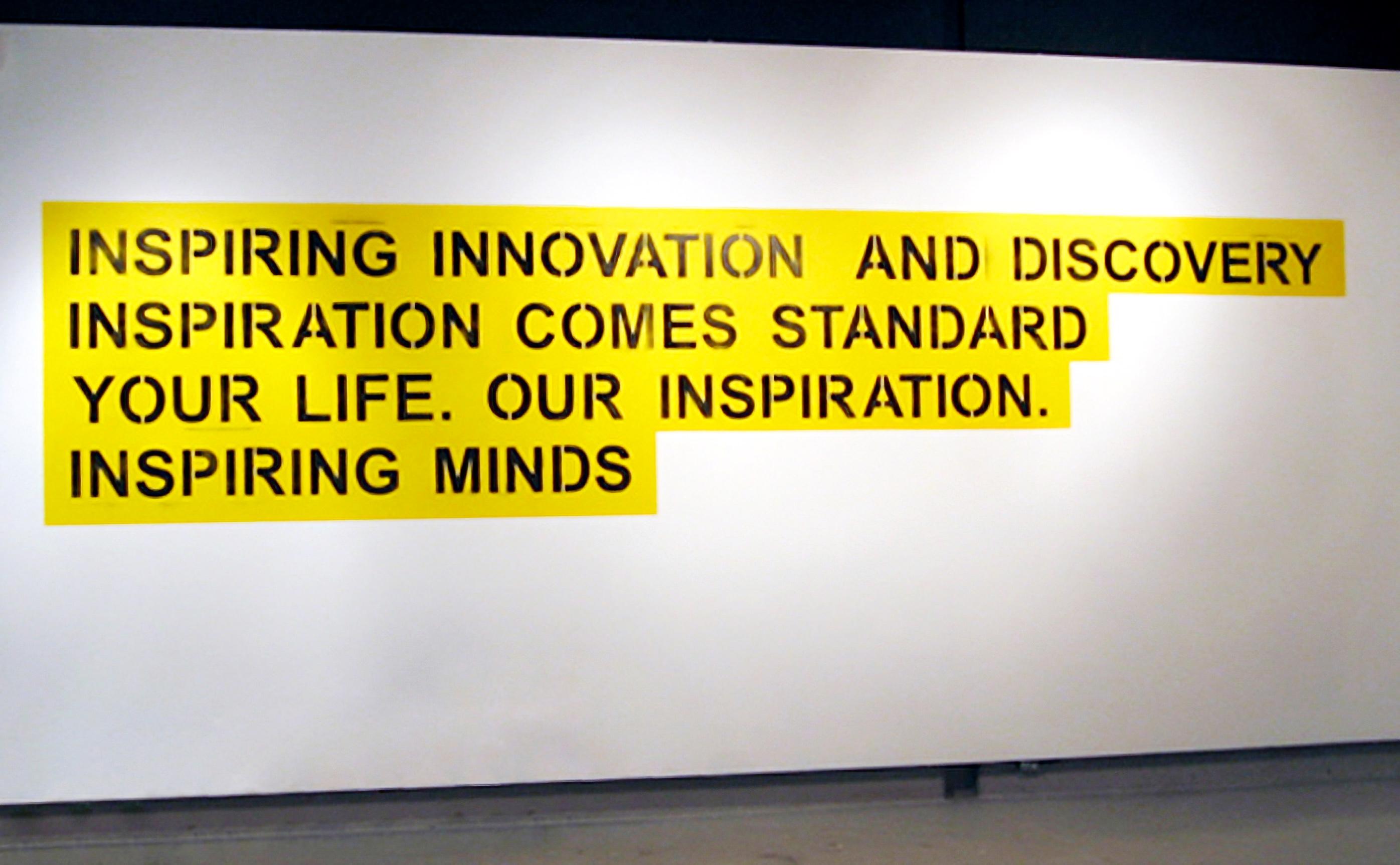 Branded, "Inspiration", wall-text painting, Render, University of Waterloo Art Gallery, Canada, 2008. From top: McMaster University, Chrysler, Bosch, Dalhousie University.