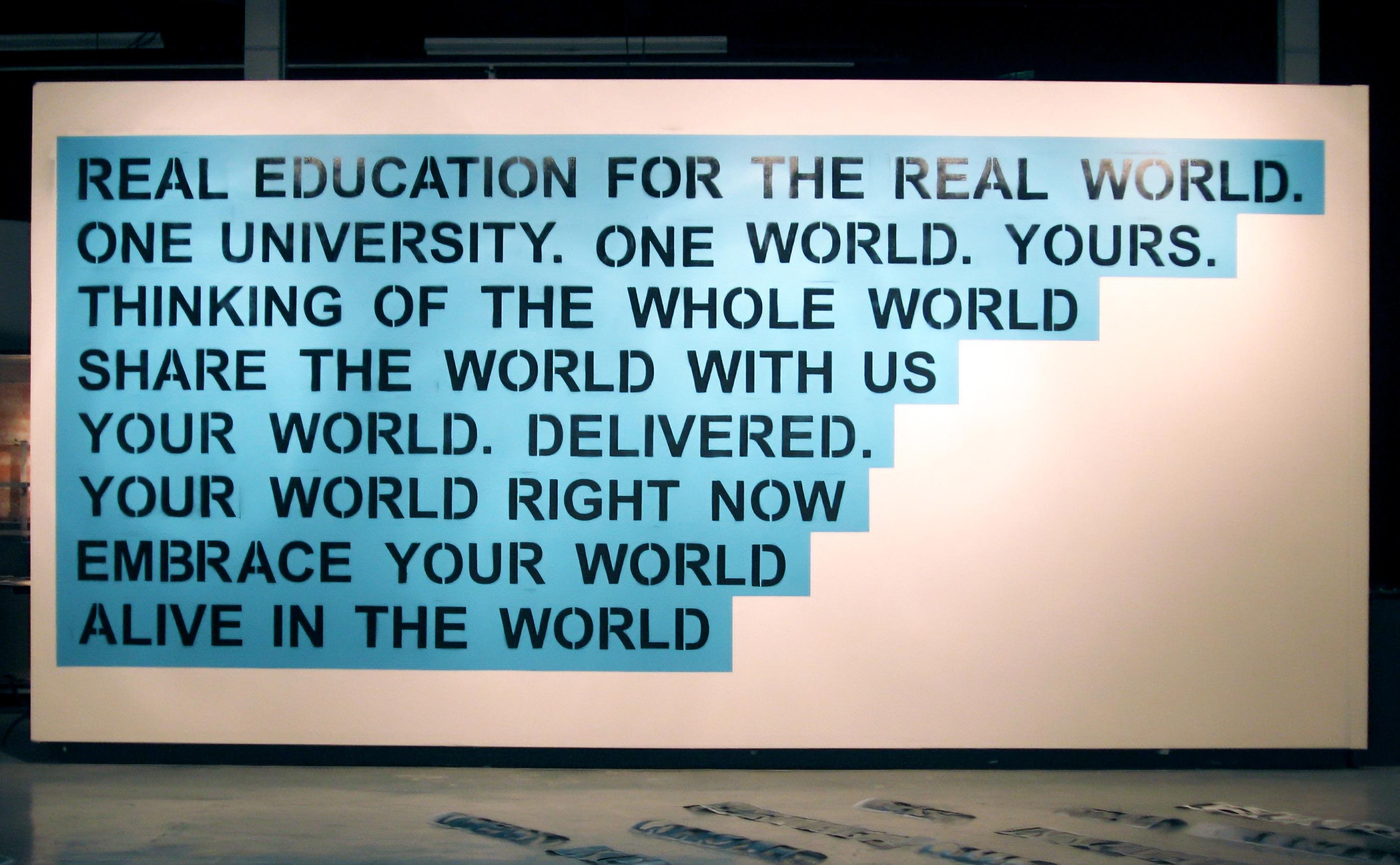 Branded, "World", wall-text painting, Render, University of Waterloo Art Gallery, Canada, 2008. From top: McMaster University, Chrysler, Bosch, Dalhousie University.